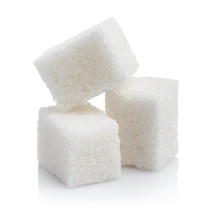 Close-up Of Three White Sugar Cubes, Isolated On White Background