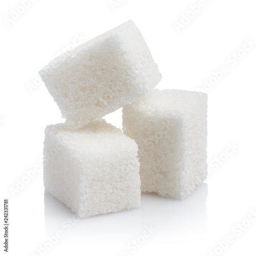 Fotografía Close-up of three white sugar cubes, isolated on white background