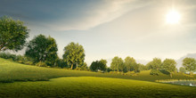 Professional Golf Course. 3D Illustration. Green Field With Trees, Grass And Lake