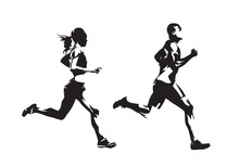Running Man And Woman, Ink Drawings, Isolated Vector Silhouettes. Run, Side View