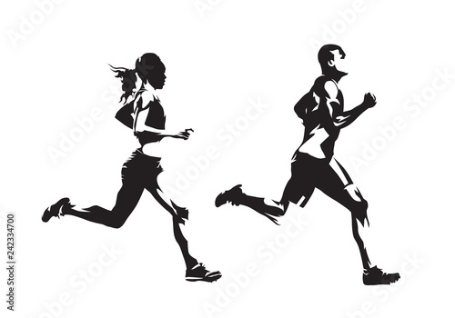 Fotografía Running man and woman, ink drawings, isolated vector silhouettes