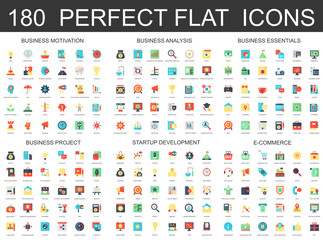 Aufkleber - 180 modern flat icons set of business analysis and motivation, essentials, startup development, e commerce and finance project icons.