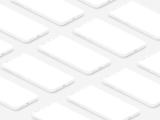 Poster - Soft isometric white isometric realistic smartphones with blank screens grid. Empty screen phone template for inserting UI interface or business presentation. Floating vector mock up design.