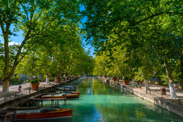 ANNECY, France - September 7 2018: Canal du Vasse as seen from Pont des Amours inland. Located in the Auvergne-Rhône-Alpes region in southeastern France, Annecy is often called the Venice of the Alps