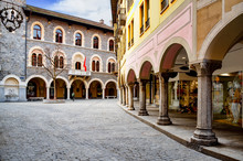 Interior Courtyard Of The Neo-Romanesque Palazzo Civico, The Town Hall Of The City Of Bellinzona, Ticino, Switzerland.