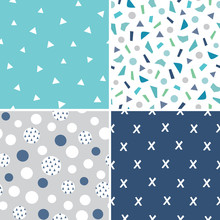 Set Of Seamless Vector Geometric Backgrounds In Aqua Blue, Teal And Gray For Men, Boys And Baby. Includes Triangles, Polka Dots And Confetti For Textiles, Cards, Gift Wrapping Paper, Wallpapers.