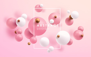 Poster - Horizontal gold, pink and white 3D balls. Mimimalistic, modern, trend design. Pastel colors. Matte and glossy texture. Vector illustration. Abstract modern design. eps 10