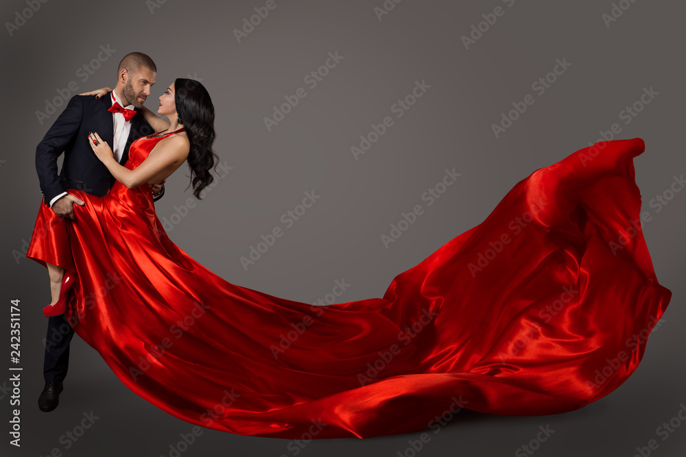 Dancing Couple, Woman in Red Dress and Elegant Man in Suit, Flying Waving  Fabric Stock Photo | Adobe Stock