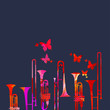 Music festival poster with trumpet and trombone vector illustration. Music background with colorful music instruments, live concert events, party flyer