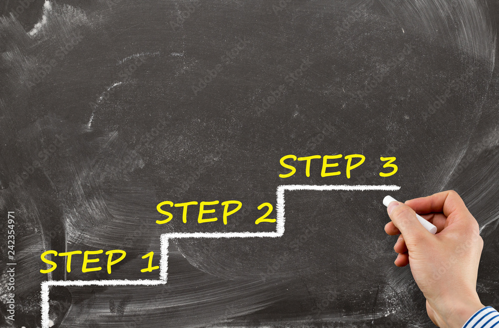 Chalkboard drawing - "step 1 step 2 step 3" words on a staircase