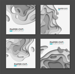 Poster - Set of square banner templates with paper cut shapes. White modern abstract design for business presentations, flyers, posters. Vector Illustration.