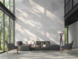 high ceiling loft living room 3d render.there are white brick wall,polished concrete floor and black
