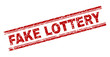 FAKE LOTTERY seal stamp with distress texture. Red vector rubber print of FAKE LOTTERY text with dust texture. Text label is placed between double parallel lines.