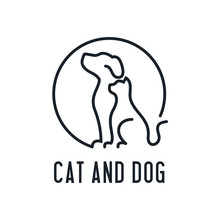 Home Pets, Minimalist Monoline Lineart Outline Dog Cat Icon Logo Template Vector Illustration, Modern Kitten And Puppy Label For Veterinary Clinic Logotype Concept. Petfood