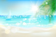 View of the sunny beach with a palm tree. Vector Illustration.