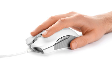 Man using computer mouse on white background