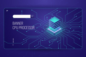 Big data processing, CPU processor isometric banner, network data transfer and calculation, dark neon violet
