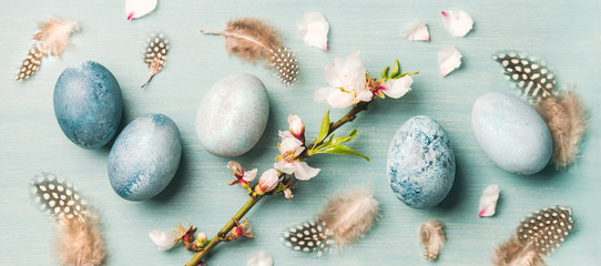 Painted traditional eggs for Easter holiday, feathers and blooming almond flowers on branch over light blue background, top view, wide composition