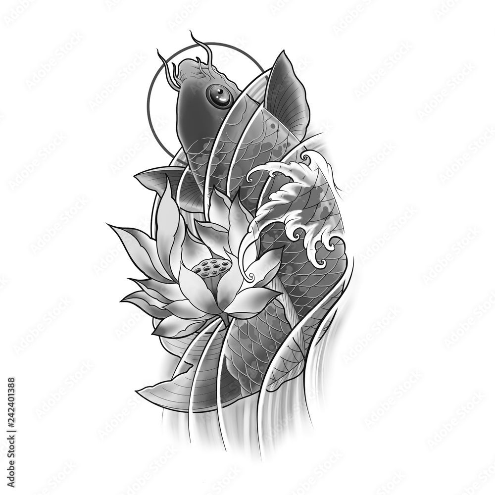 Hand drawn koi fish with lotus flower and water wave tattoo design, Digital  art painting, Japanese tattoo style, tattoo flash image. Stock Illustration  | Adobe Stock, image size:1000x1000