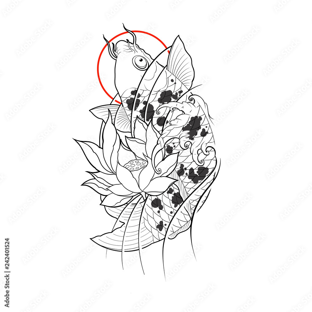 Hand drawn koi fish with lotus flower and water wave tattoo design, Digital art  painting, japanese tattoo style, tattoo flash image. Stock Illustration |  Adobe Stock, image size:1000x1000