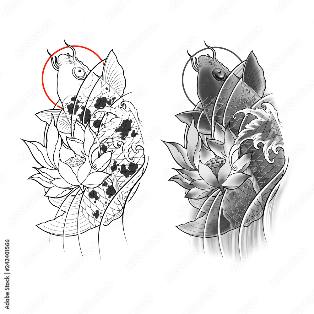 Hand drawn koi fish with lotus flower and water wave tattoo design, Digital art  painting, japanese tattoo style, tattoo flash image. Stock Illustration |  Adobe Stock, image size:1000x1000