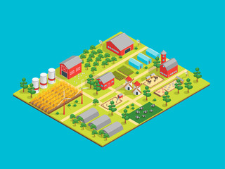 Poster - Farm Rural Concept 3d Isometric View. Vector