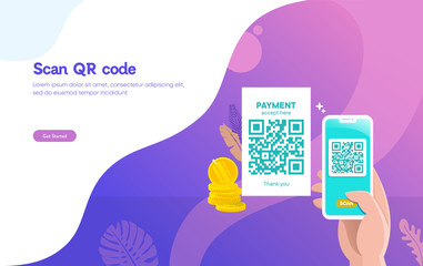 people scan QR code vector illustration concept, people use smartphone and scan qr code for payment and everything, can use for, landing page, template, ui, web, mobile app, poster, banner, flyer