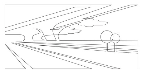 abstract futuristic highway with trees and clouds in sky - single line vector graphics on white background