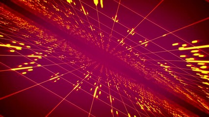 Poster - Mysterious 3d rendering of time portal from two moving surfaces covered with square nets and rotating lines in the pink background in seamless loop. It creates the hi-tech mood.