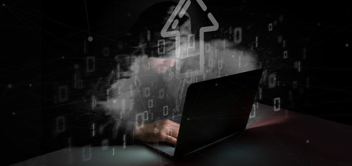Poster - Man hacking a Binary cloud with upload internet arrow 3d rendering