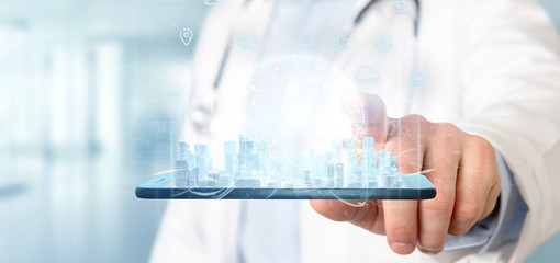 Poster - Doctor holding Smart city user interface with icon, stats and data 3d rendering
