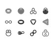 Geometric shapes flat glyph icons set. Topology figures sphere, torus, mobius strip, klein bottle vector illustrations. Signs for education, impossible object. Solid silhouette pixel perfect 64x64
