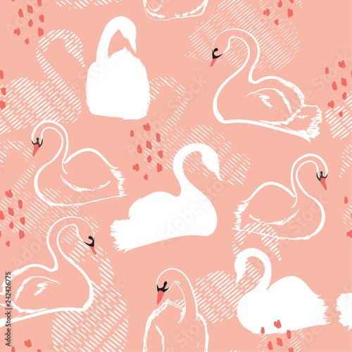 Cotton fabric Seamless pattern with white swan princess. Creative hand drawn style on light pink background. Perfect for all prints design,