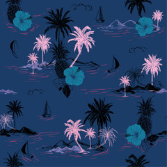 Dark  summer Island hawaiian mood hibiscus flower,plam trees ,ships,coconut tree ,wave in hand drawn style seamless pattern vector for fashion , fabric and all prints