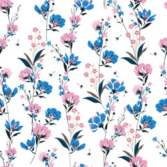 Wall Mural - Trendy  meadow Floral pattern in the blooming botanical  Motifs scattered random. Seamless vector texture. For fashion prints. Printing with in hand drawn style