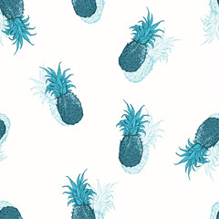 Wall Mural - Bright Summer monotone blue color pineapple hand drawn with shadow seamless pattern vector for fashion ,fabric,wallpaper and all prints