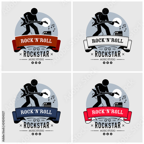 Rock And Roll Logo Design Vector Artwork Of A Rock Star Playing A Guitar In Retro Style The Guitarist Is Using An Electric Guitar Connected To An Amp Buy This Stock