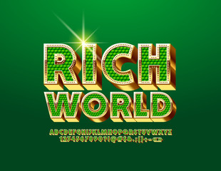 Aufkleber - Vector chic Logo Rich World. Luxury Green and Golden Alphabet Letters, Numbers and Symbols. Royal 3D Font.