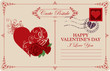 © paseven - Retro valentine card or postcard with red heart and roses. Romantic vector card in vintage style with place for text, calligraphic inscription I love you and words Happy Valentines day