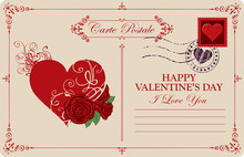 Retro Valentine Card Or Postcard With Red Heart And Roses. Romantic Vector Card In Vintage Style With Place For Text, Calligraphic Inscription I Love You And Words Happy Valentines Day