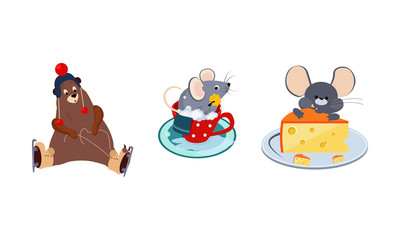 Wall Mural - Cute funny animals characters in different actions, bear skating, mouse bathing in the cup, mouse eating a big piece of cheese vector Illustration