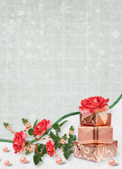 Wall Mural - Holiday card with gift boxes, pearls and bouquet of beautiful red roses on green paper background