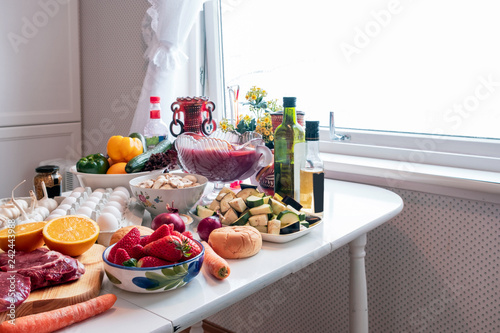 Ingredient With Many Foods Vegetables Fruits Preparing For Dinner On Dining Table Stock Photo Adobe Stock