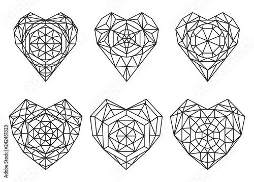 Vector set of hearts in the shape of gemstone, diamond or ruby. Openwork hear...