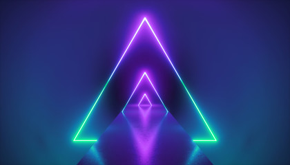 Wall Mural - 3d render, neon light triangle, virtual reality, triangular esoteric portal, tunnel, corridor, ultra
