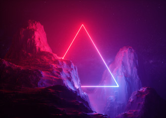 3d render, abstract background, cosmic landscape, triangular portal, pink blue neon light, virtual r