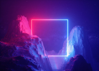 3d render, abstract background, cosmic landscape, square portal, pink blue neon light, virtual reali