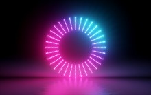 3d Render, Abstract Background, Round Screen, Ring, Glowing Dots, Neon Light, Virtual Reality, Volume Equalizer Interface, Hud, Pink Blue Spectrum, Vibrant Colors, Laser Disc, Floor Reflection