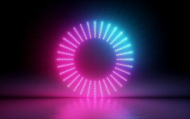 Wall Mural - 3d render, abstract background, round screen, ring, glowing dots, neon light, virtual reality, volume equalizer interface, hud, pink blue spectrum, vibrant colors, laser disc, floor reflection