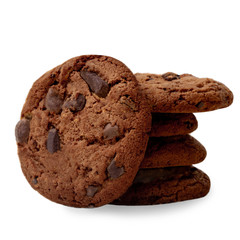 Stack of Dark Chocolate chip cookies with chocolate pieces isolated on white background. Macro image